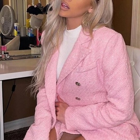 Pink Tweed Double Breasted Blazer Chic Classy - Picture 13 of 14